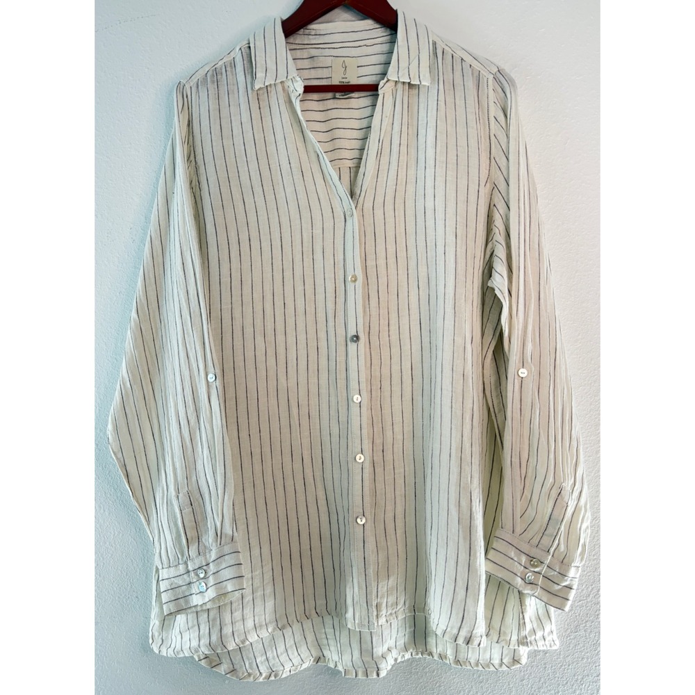 Joie 100% Linen Pinstripe Button Down Shirt Coastal Linen Ivory Roll Tab Sleeves